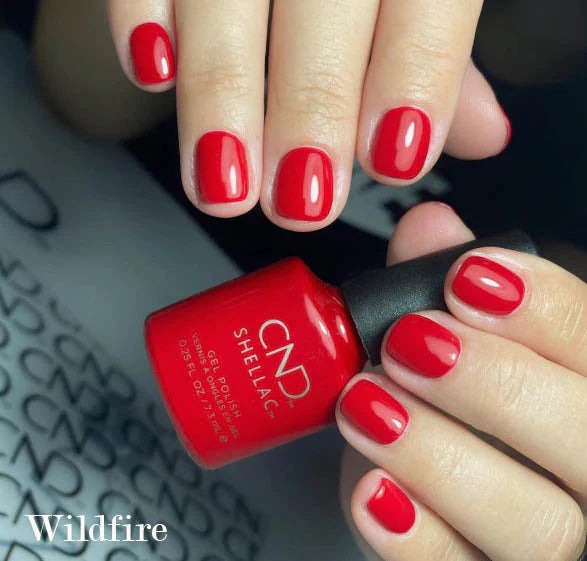 CND Shellac Wildfire – Iconic red nail polish available in both Shellac gel and Vinylux lacquer, perfect for a bold and confident manicure.
