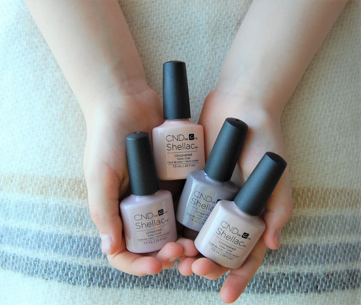 CND Shellac Nude Collection – Four elegant nude shades: Unlocked, Uncovered, Unearthed, and Unmasked. Available in Shellac gel polish and Vinylux lacquer.