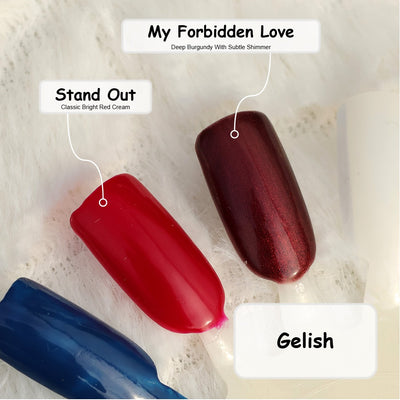 Gelish gel polish swatches featuring two shades – Stand Out (Classic Bright Red Cream) and My Forbidden Love (Deep Burgundy With Subtle Shimmer) displayed on a white textured background.