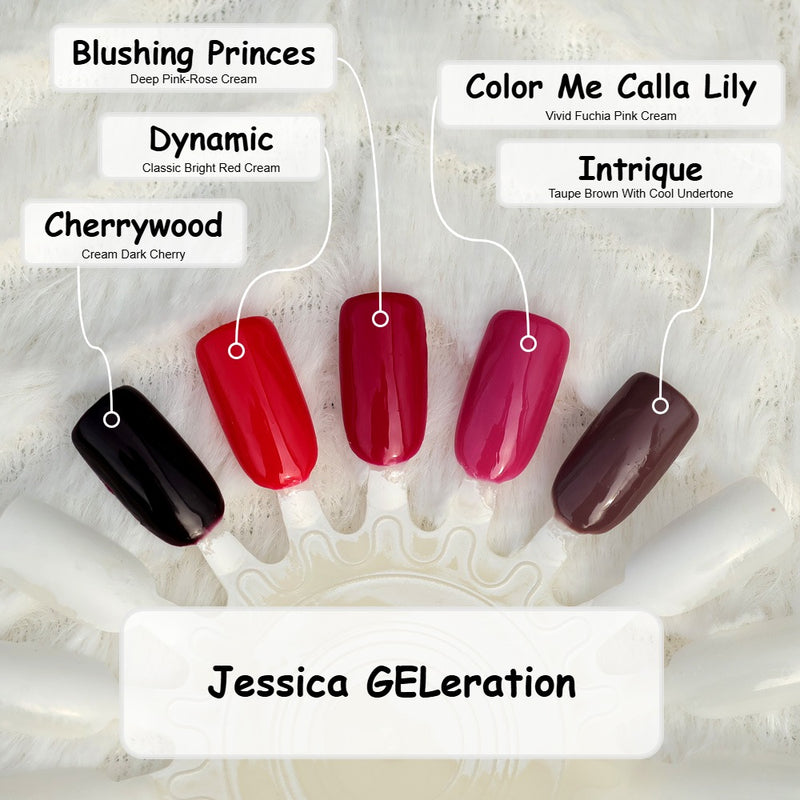 Jessica GELeration gel polish swatches showing five top-selling shades – Cherrywood (Cream Dark Cherry), Dynamic (Classic Bright Red Cream), Blushing Princess (Deep Pink-Rose Cream), Color Me Calla Lily (Vivid Fuchsia Pink Cream), and Intrique (Taupe Brown With Cool Undertone) on a white textured background.