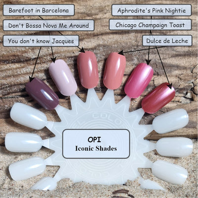 OPI Iconic shades Barefoot in Barcelona, You don't know Jacques, Don't Bossa Nova Me Around, Aphrodite's Pink Nightie, Dulce de Leche, Chicago Champaign Toast